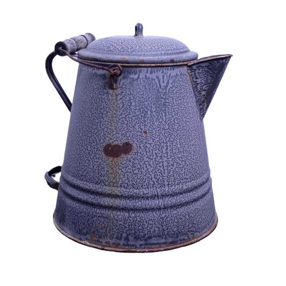 Antique Gray Enameled Lg 2 Gallon Chuckwagon Cowboy Coffee Pot Farmhouse Decor